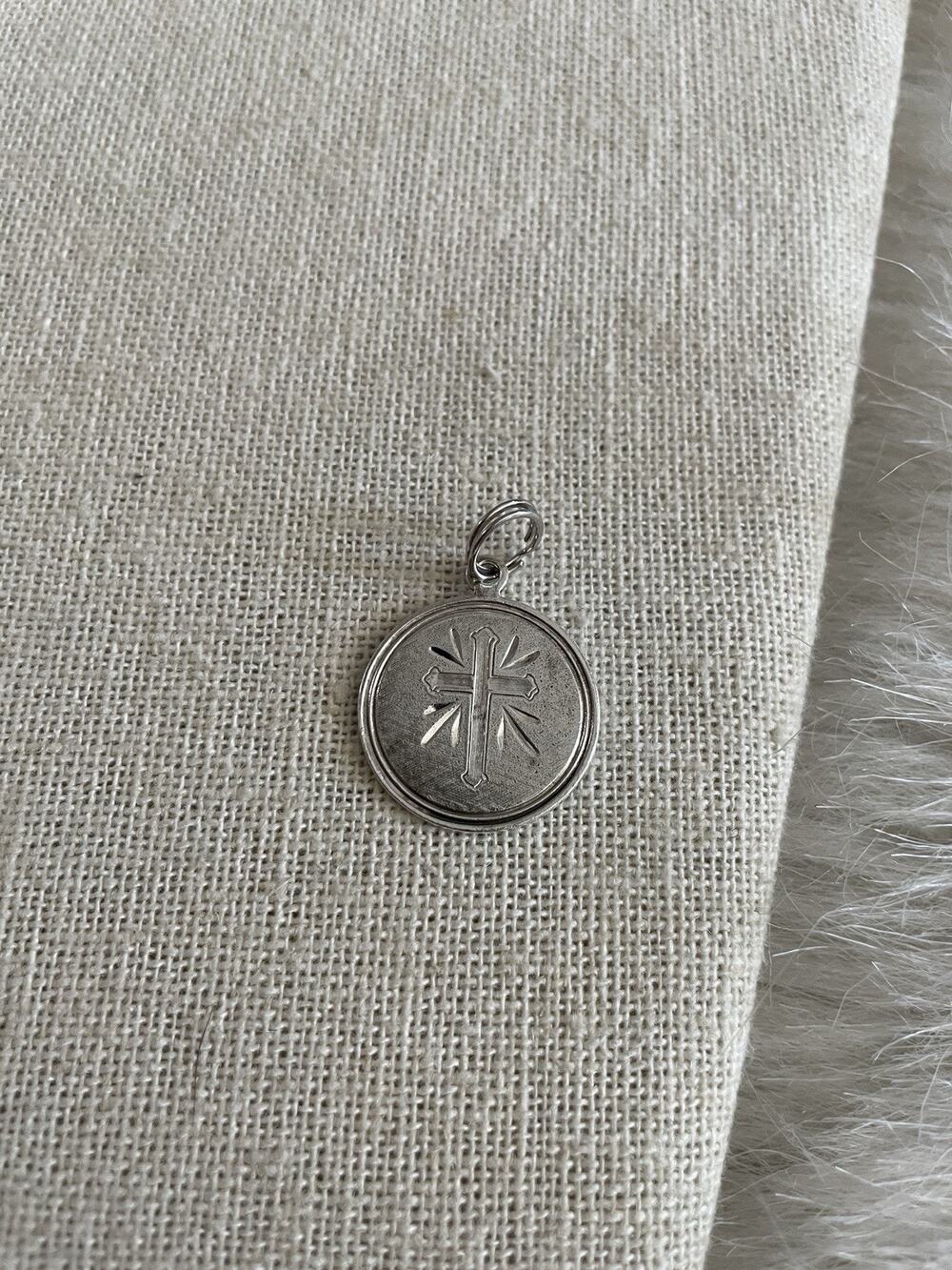 Vintage Sterling Silver Cross Charm Etched Round Pendant 925 Christian Jewelry